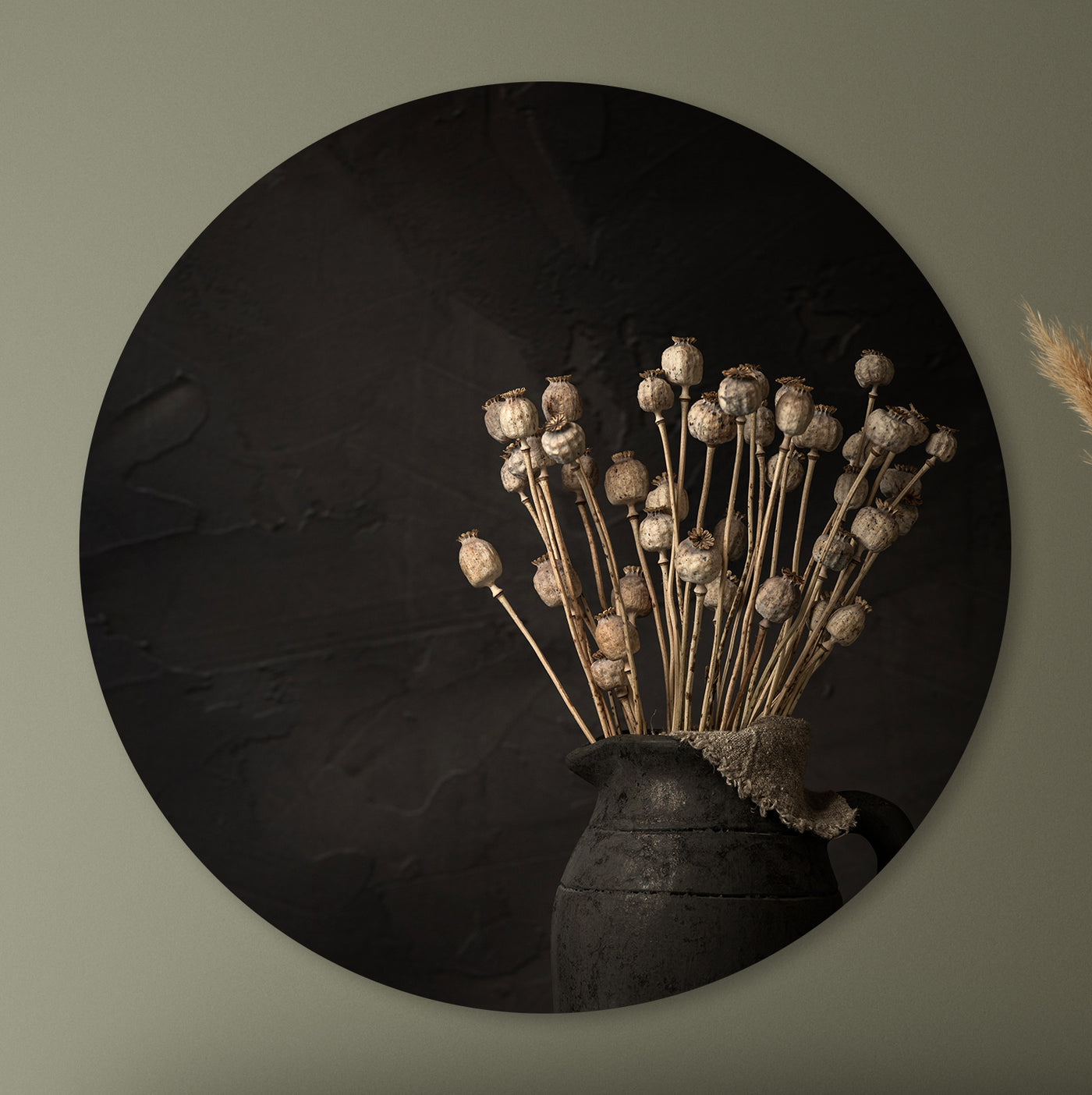 Donker stilleven met takken gedroogde papaverbollen in kruik - Mayra Fotografie